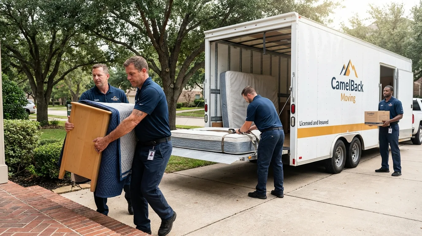 Crew loading residential truck for cross-state move from Paul, ID