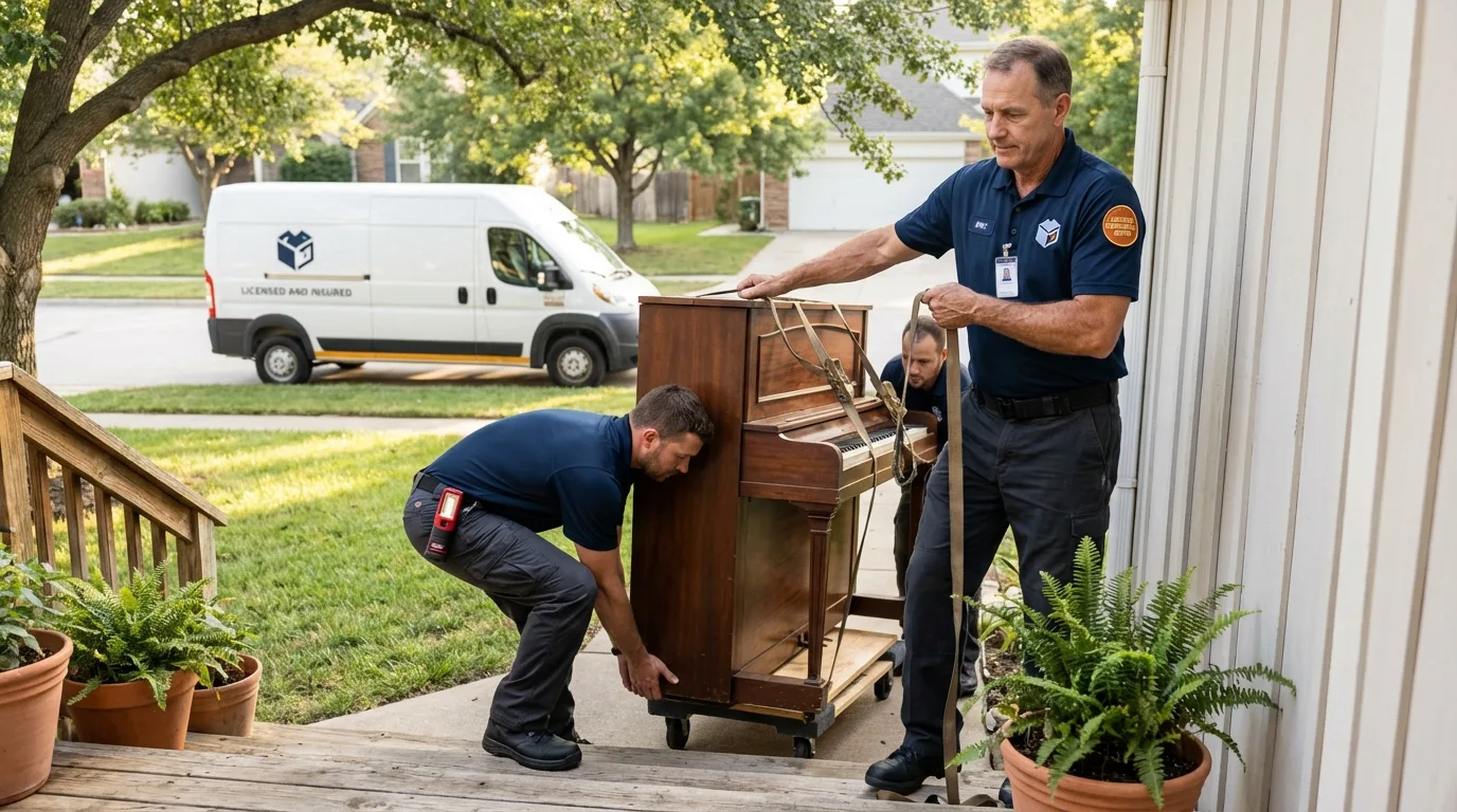 Licensed piano movers securing grand piano in Paul, ID