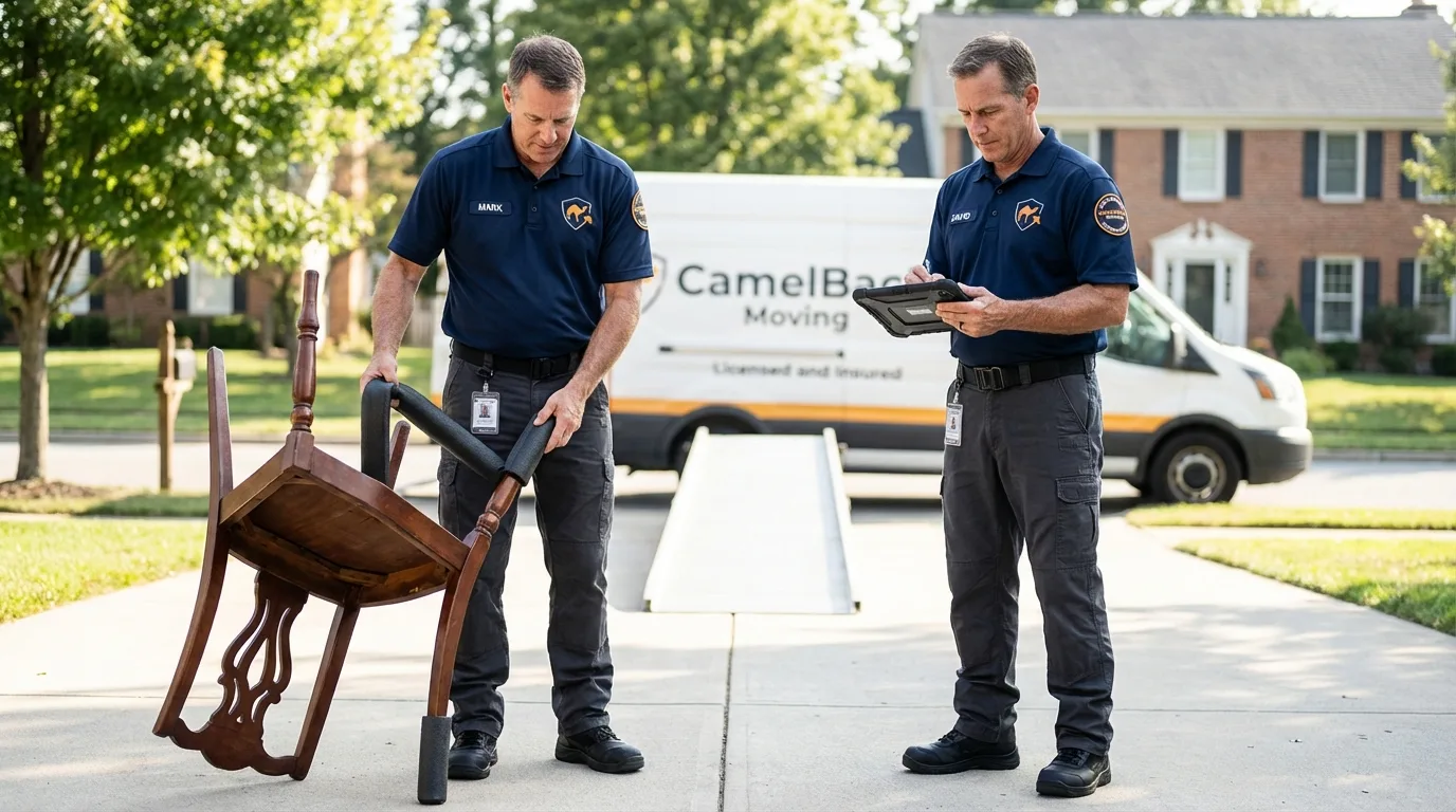 Movers inspecting furniture for damage prevention before loading in Paul, ID